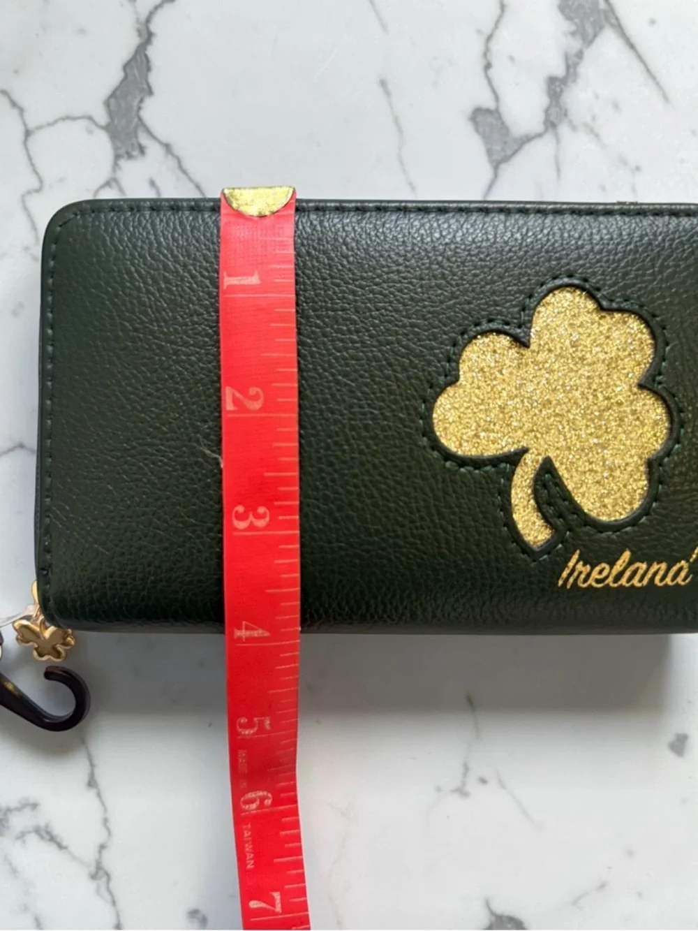 New With Tags Ireland Green Faux Leather Zip Wallet with Gold Clover